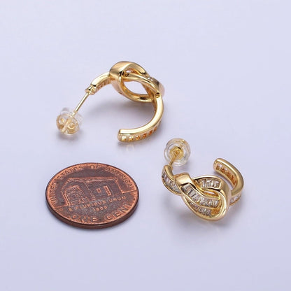 Gold Love knot Stud Earring Clear Cz Micro Pave Stone Hoop Earring AB675