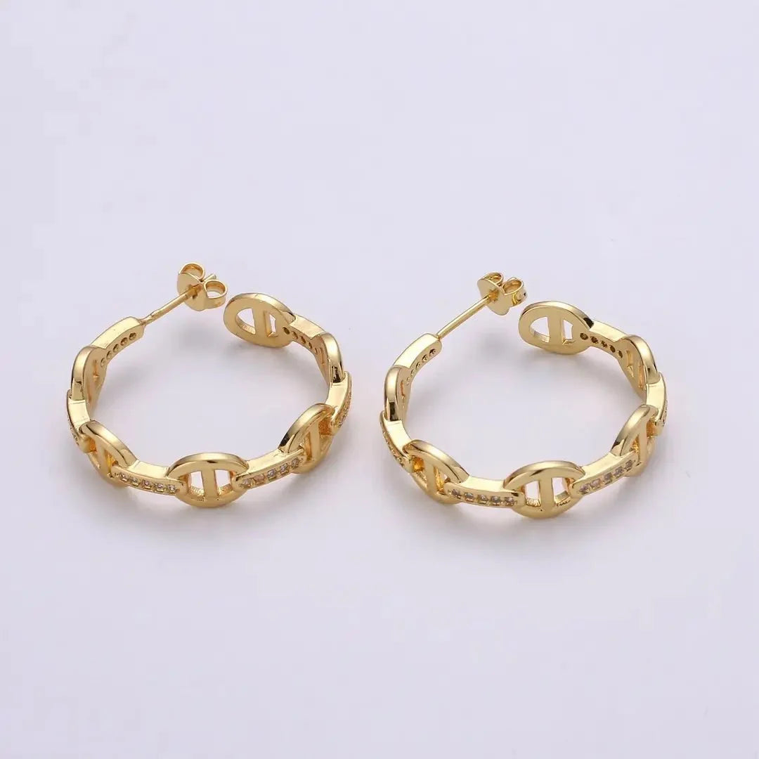 Gold Mariner Link Chain Earrings Gold Hoops Earring with CZ Cubic Zirconia Q119