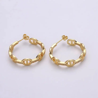 Gold Mariner Link Chain Earrings Gold Hoops Earring with CZ Cubic Zirconia Q119