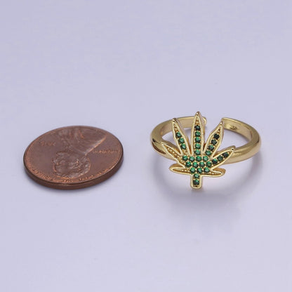 Gold Mary Jane Ring Green Weed Ring Open Adjustable Ring O-2159