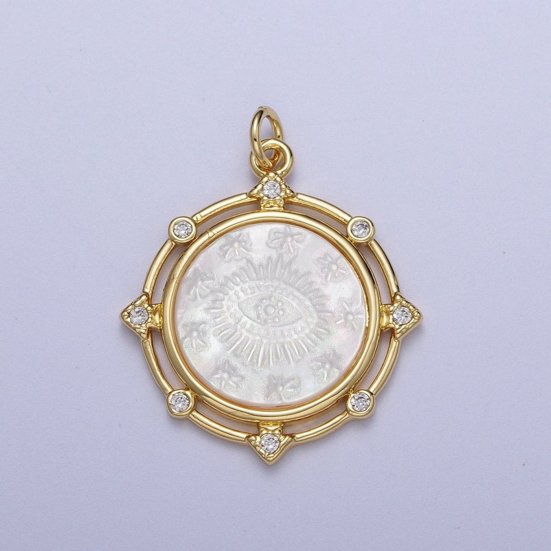 Gold Medallion Miraculous Lady / Evil Eye Mother of Pearl Round Charm Pendant | X-726