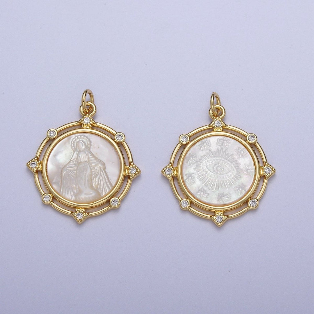 Gold Medallion Miraculous Lady / Evil Eye Mother of Pearl Round Charm Pendant | X-726