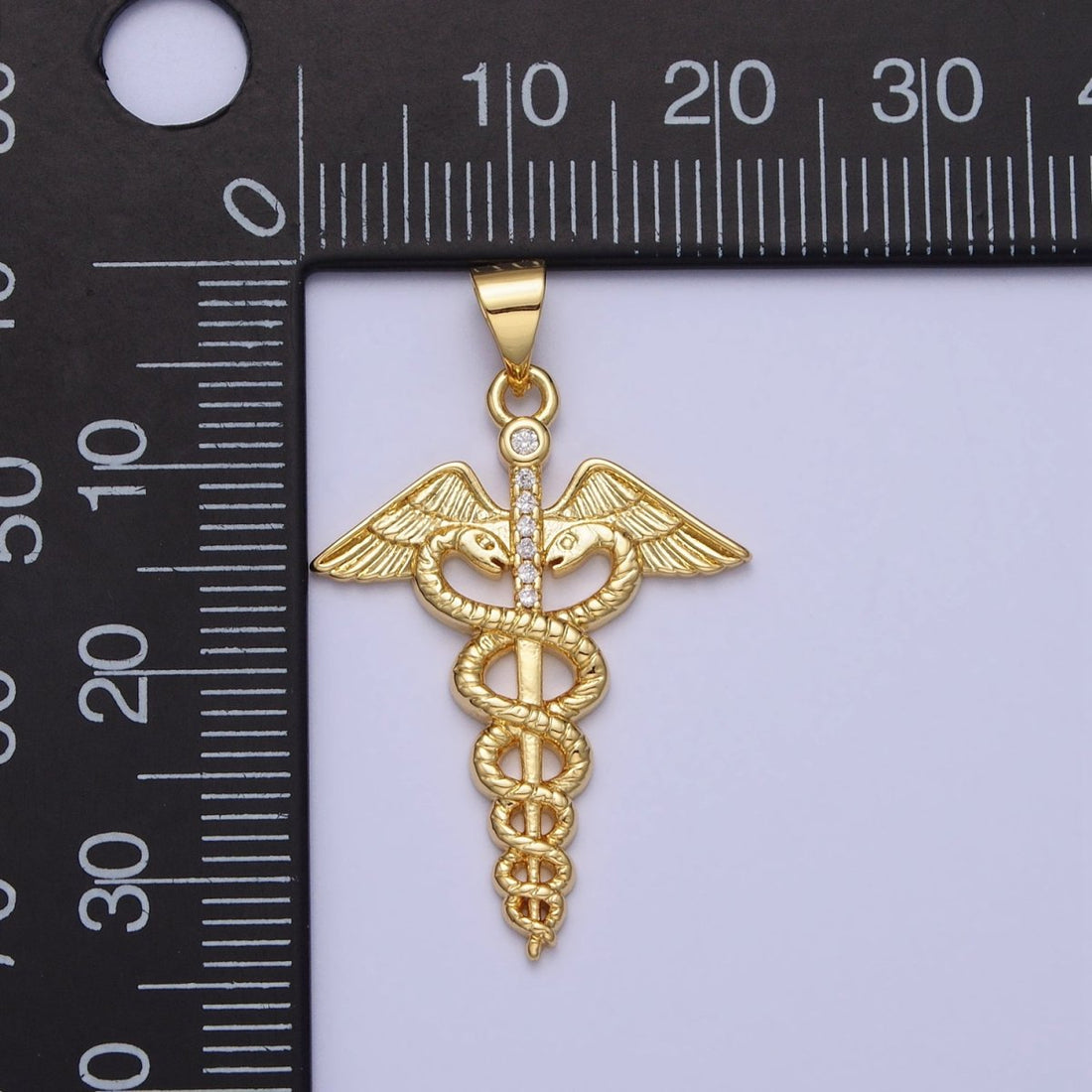 Gold Medicine Caduceus Symbol Roman Mercury Micro Paved CZ Pendant | AA155