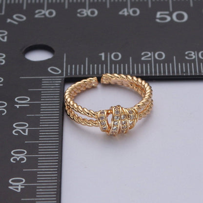 Gold Micro Pave Cubic Zirconia CZ Twist Double Band Adjustable Ring O-448