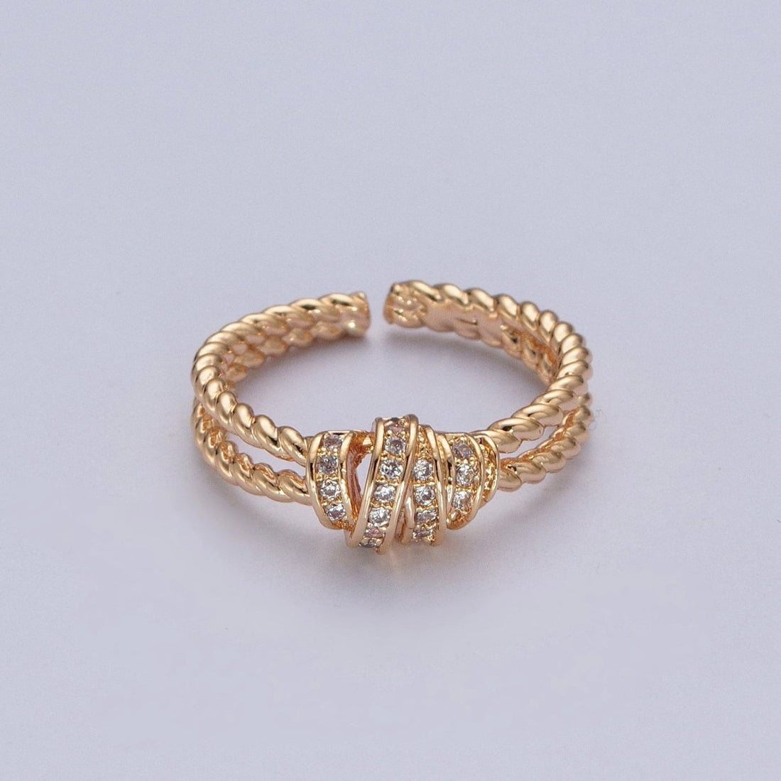 Gold Micro Pave Cubic Zirconia CZ Twist Double Band Adjustable Ring O-448