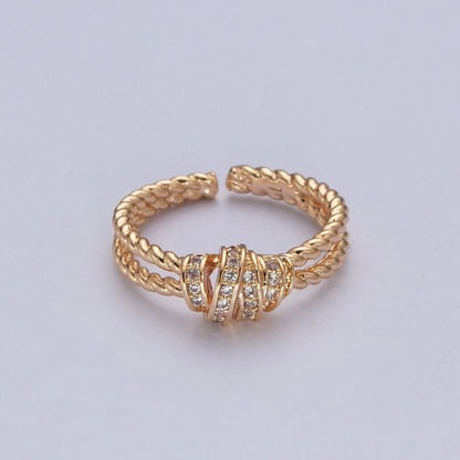 Gold Micro Pave Cubic Zirconia CZ Twist Double Band Adjustable Ring O-448