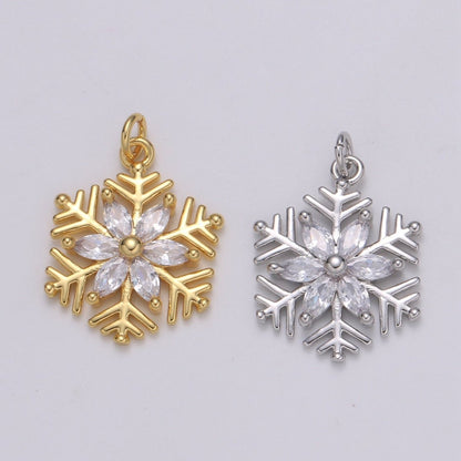Gold Micro Pave CZ SnowFlake Pendant Charm, Silver Snowflake Pendant Charm For Holiday Gift Christmas Jewelry, Flower Charm E-209 E-210