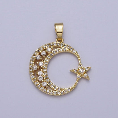 25mm Gold Micro Paved CZ Celestial Crescent Moon Star Pendant | H834