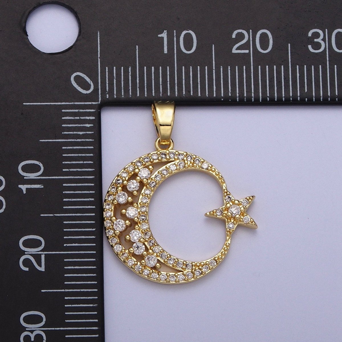 25mm Gold Micro Paved CZ Celestial Crescent Moon Star Pendant | H834