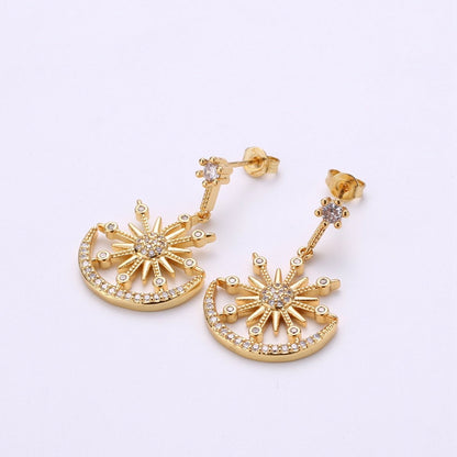 Gold Micro Paved CZ Celestial Sun Moon Stars Cubic Zirconia Dangle Stud Earrings | K-470