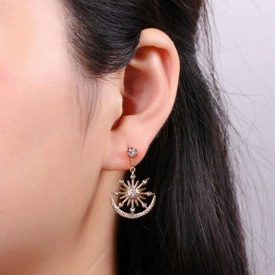 Gold Micro Paved CZ Celestial Sun Moon Stars Cubic Zirconia Dangle Stud Earrings | K-470