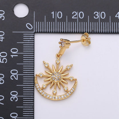 Gold Micro Paved CZ Celestial Sun Moon Stars Cubic Zirconia Dangle Stud Earrings | K-470
