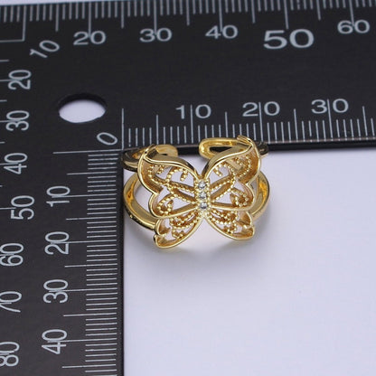 Gold Micro Paved CZ Mariposa Butterfly Engraved Wings Double Band Statement Ring | O-1984