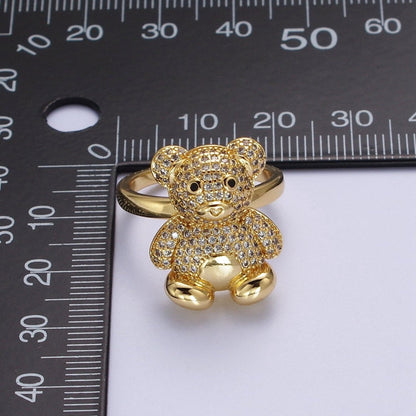 Gold Micro Paved Teddy Bear Cubic Zirconia CZ Adjustable Ring | O-018