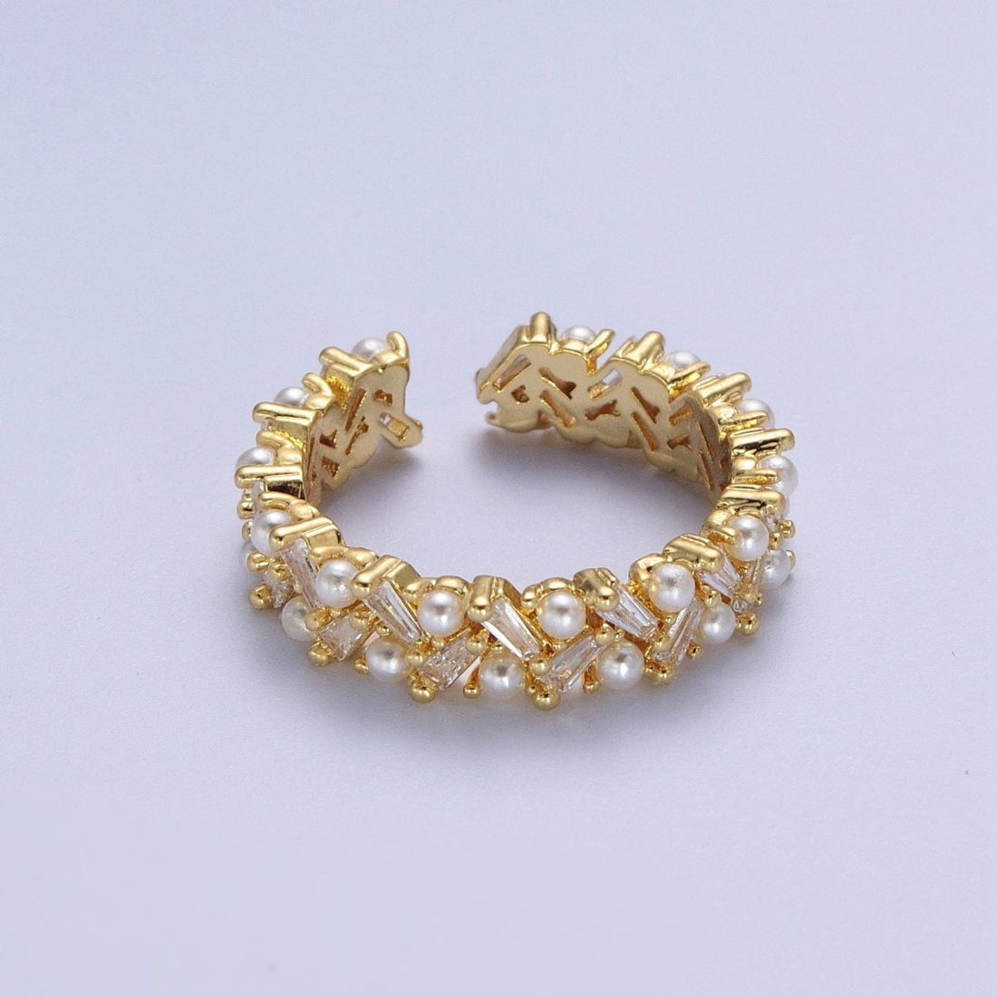 Gold Mini Baguette Cubic Zirconia Round Pearl Wide Band Statement Adjustable Ring | O-1996