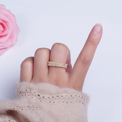 Gold Mini Baguette Cubic Zirconia Round Pearl Wide Band Statement Adjustable Ring | O-1996