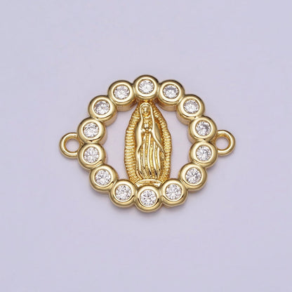 Gold Miraculous Mother Virgin Mary CZ Round Open Religious Connector | Y-782