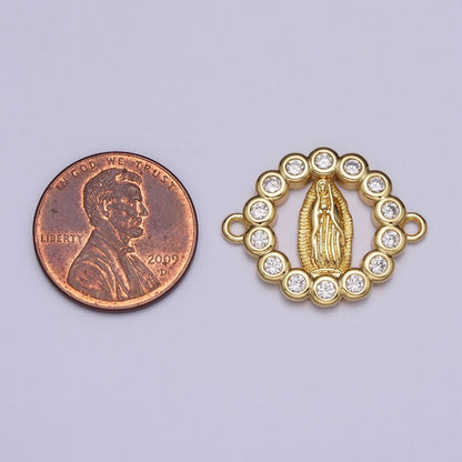 Gold Miraculous Mother Virgin Mary CZ Round Open Religious Connector | Y-782
