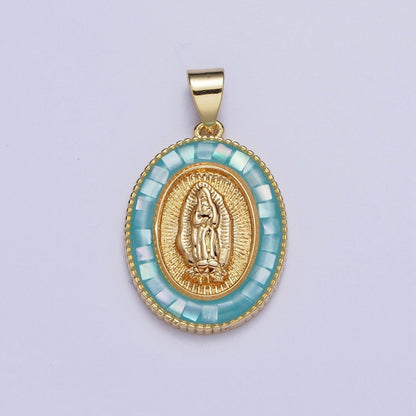 Gold Miraculous Mother Virgin Mary Opal Oval Pendant For Religious Jewelry | X-510-X-515