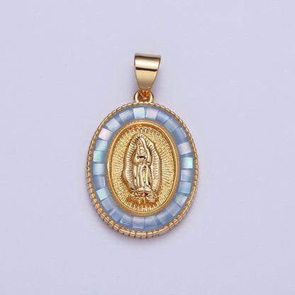 Gold Miraculous Mother Virgin Mary Opal Oval Pendant For Religious Jewelry | X-510-X-515
