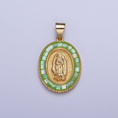 Gold Miraculous Mother Virgin Mary Opal Oval Pendant For Religious Jewelry | X-510-X-515