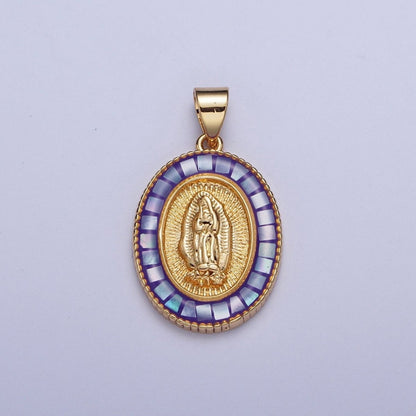 Gold Miraculous Mother Virgin Mary Opal Oval Pendant For Religious Jewelry | X-510-X-515