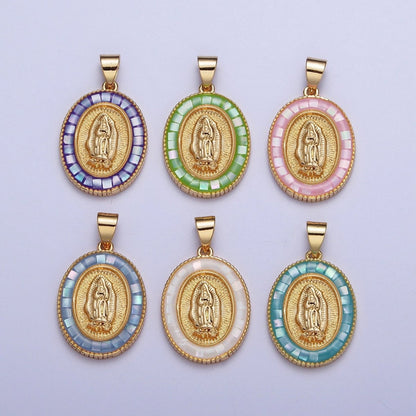 Gold Miraculous Mother Virgin Mary Opal Oval Pendant For Religious Jewelry | X-510-X-515