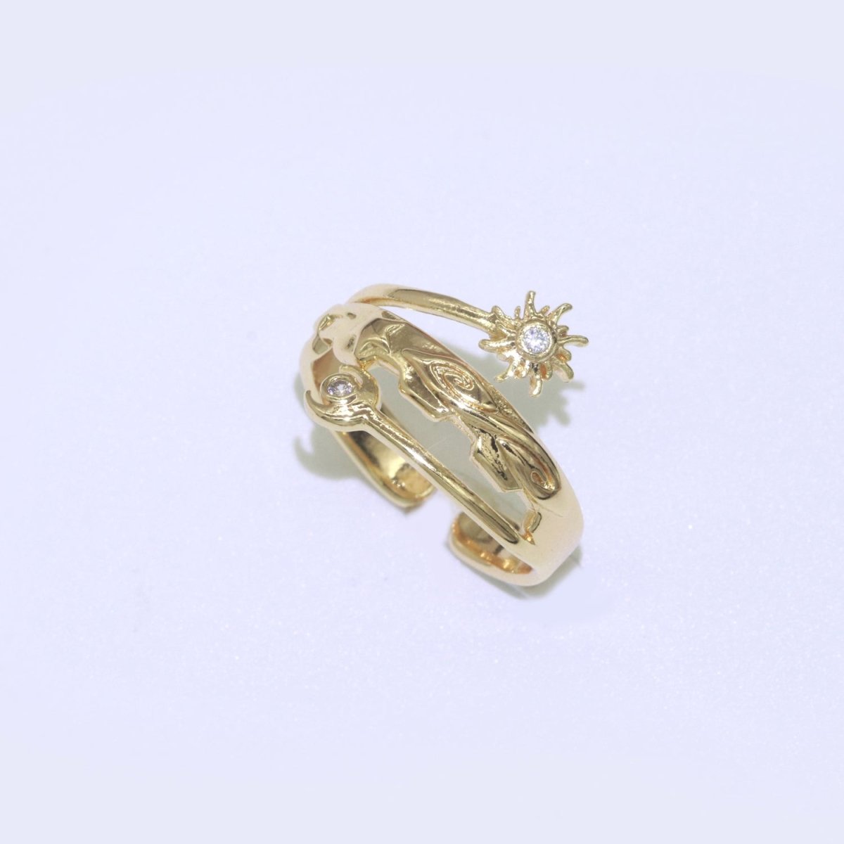 Gold Moon Ring, Open Sun Burst Ring, Adjustable Ring, Statement Ring, Pave Celstial Jewelry O-922