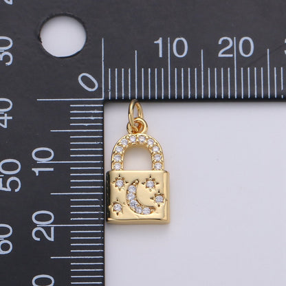 Gold Moon Star Padlock Pendant Gold Filled Dainty Padlock Charm Celestial Lock Jewelry for Necklace Earring Bracelet Component D-363