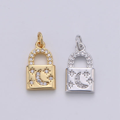 Gold Moon Star Padlock Pendant Gold Filled Dainty Padlock Charm Celestial Lock Jewelry for Necklace Earring Bracelet Component D-363