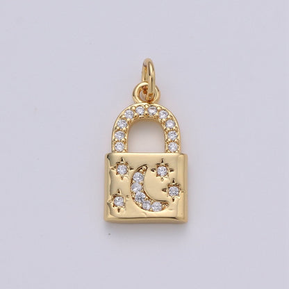 Gold Moon Star Padlock Pendant Gold Filled Dainty Padlock Charm Celestial Lock Jewelry for Necklace Earring Bracelet Component D-363