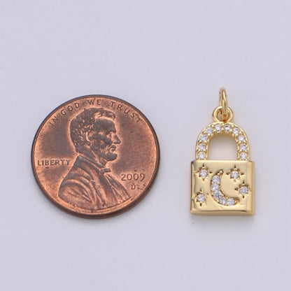 Gold Moon Star Padlock Pendant Gold Filled Dainty Padlock Charm Celestial Lock Jewelry for Necklace Earring Bracelet Component D-363