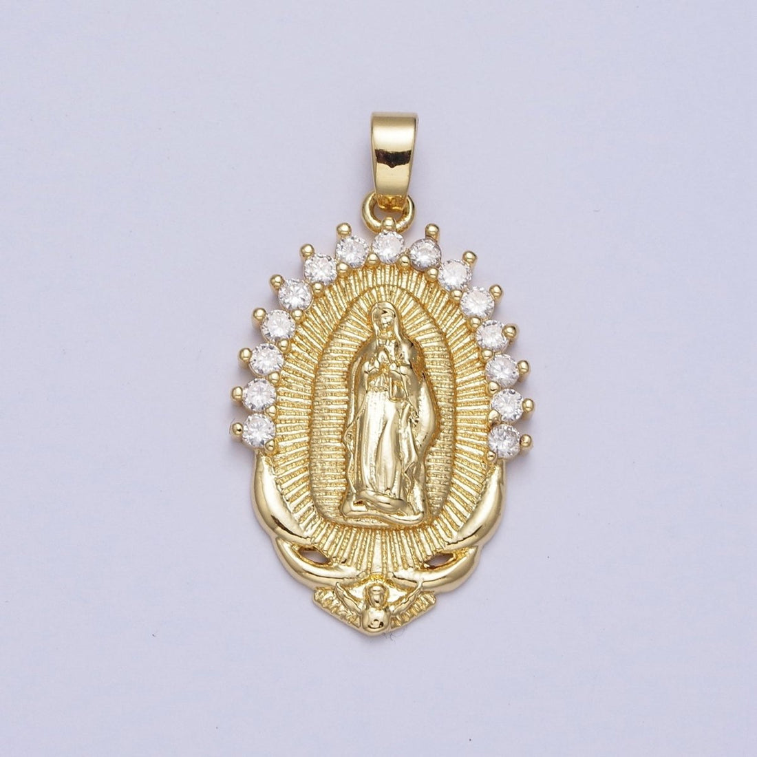 Gold Mother Virgin Mary Catholic Bijoux Sunburst Cubic Zirconia Lined Pendant For DIY Jewelry Making | X-522