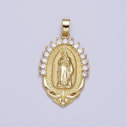 Gold Mother Virgin Mary Catholic Bijoux Sunburst Cubic Zirconia Lined Pendant For DIY Jewelry Making | X-522