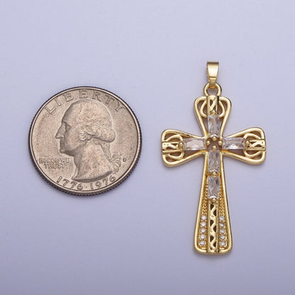 Gold  Multicolor/Clear Cross Micro Paved Round Baguette CZ Religious Pendant For Jewelry Making | X-544 X-545
