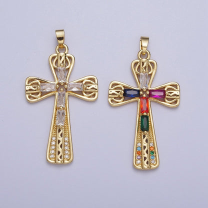 Gold  Multicolor/Clear Cross Micro Paved Round Baguette CZ Religious Pendant For Jewelry Making | X-544 X-545
