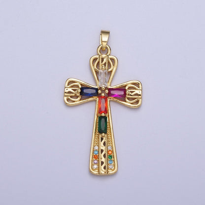 Gold  Multicolor/Clear Cross Micro Paved Round Baguette CZ Religious Pendant For Jewelry Making | X-544 X-545
