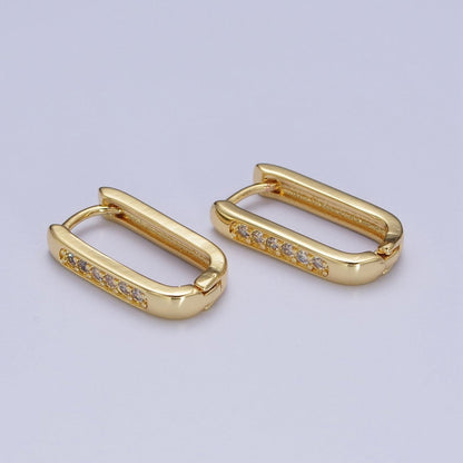 Gold Oblong U Shaped Micro Paved CZ Huggie Hoop Earrings | AD-154