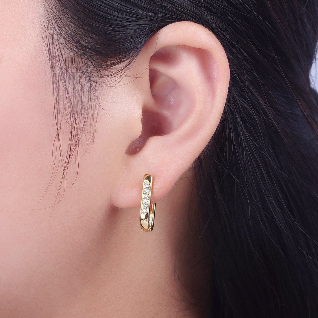 Gold Oblong U Shaped Micro Paved CZ Huggie Hoop Earrings | AD-154