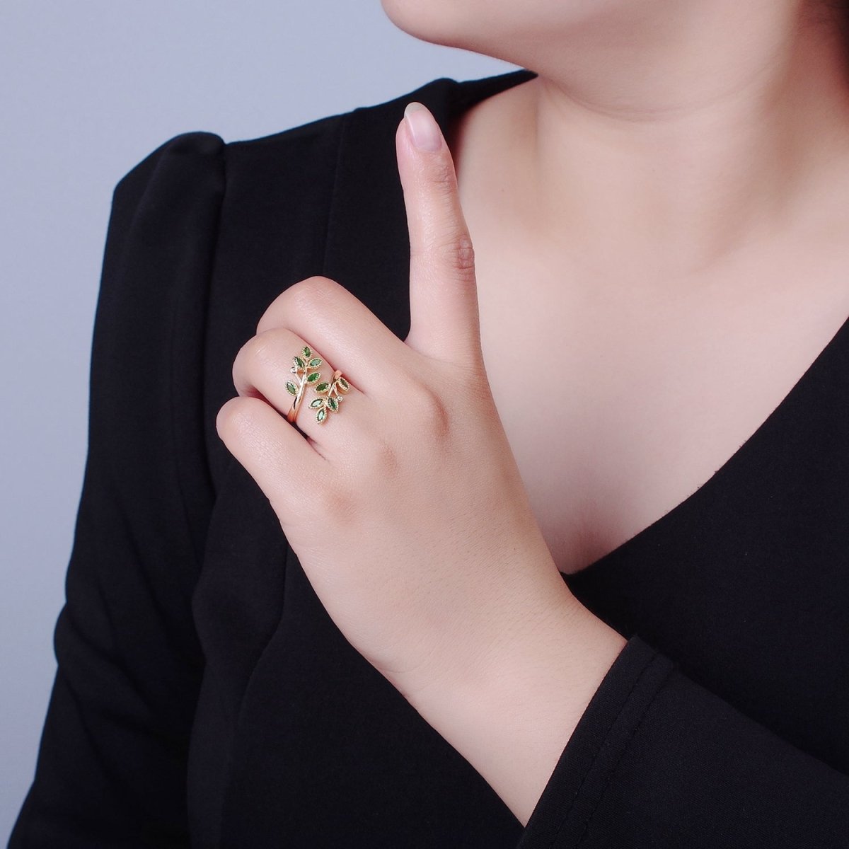 Gold Olive Leaf Ring Green Pave Olive Leaf Ring Adjustable Ring O-2210