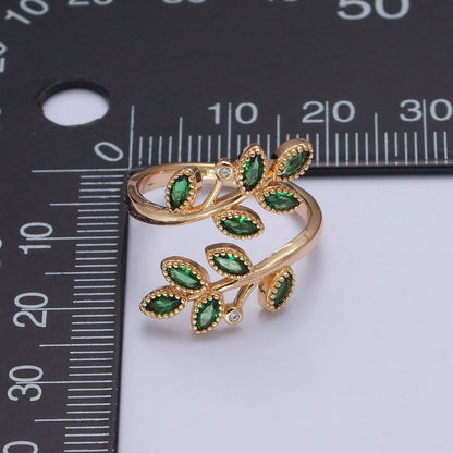 Gold Olive Leaf Ring Green Pave Olive Leaf Ring Adjustable Ring O-2210