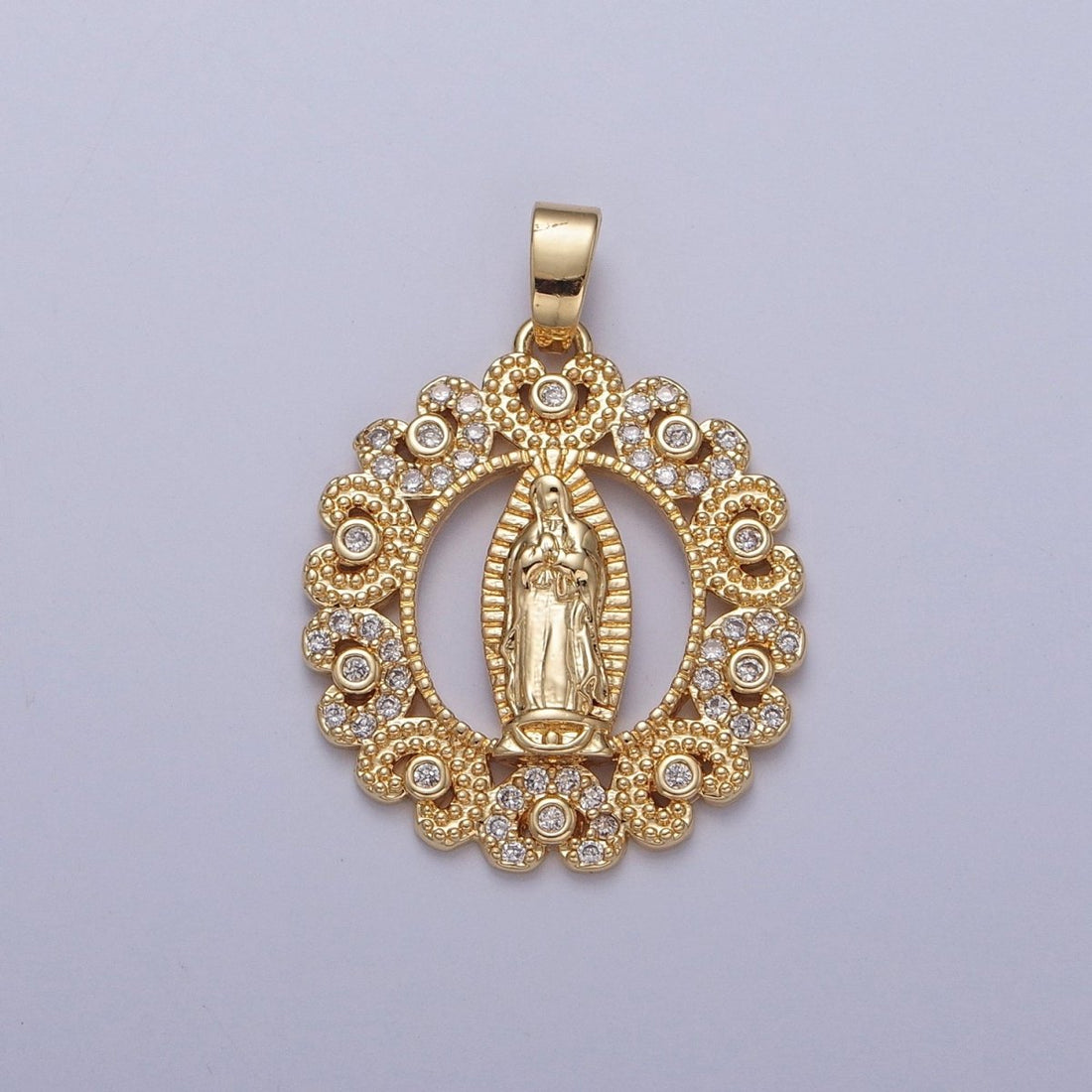 Gold Our Lady of Guadalupe Clear, Rainbow Cubic Zirconia Detailed Medallion Pendant | X-320 X-321