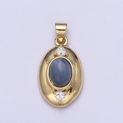 Gold Oval Pendant with Blue Tiger Eye Gemstone For Statement Jewelry Charm H-545