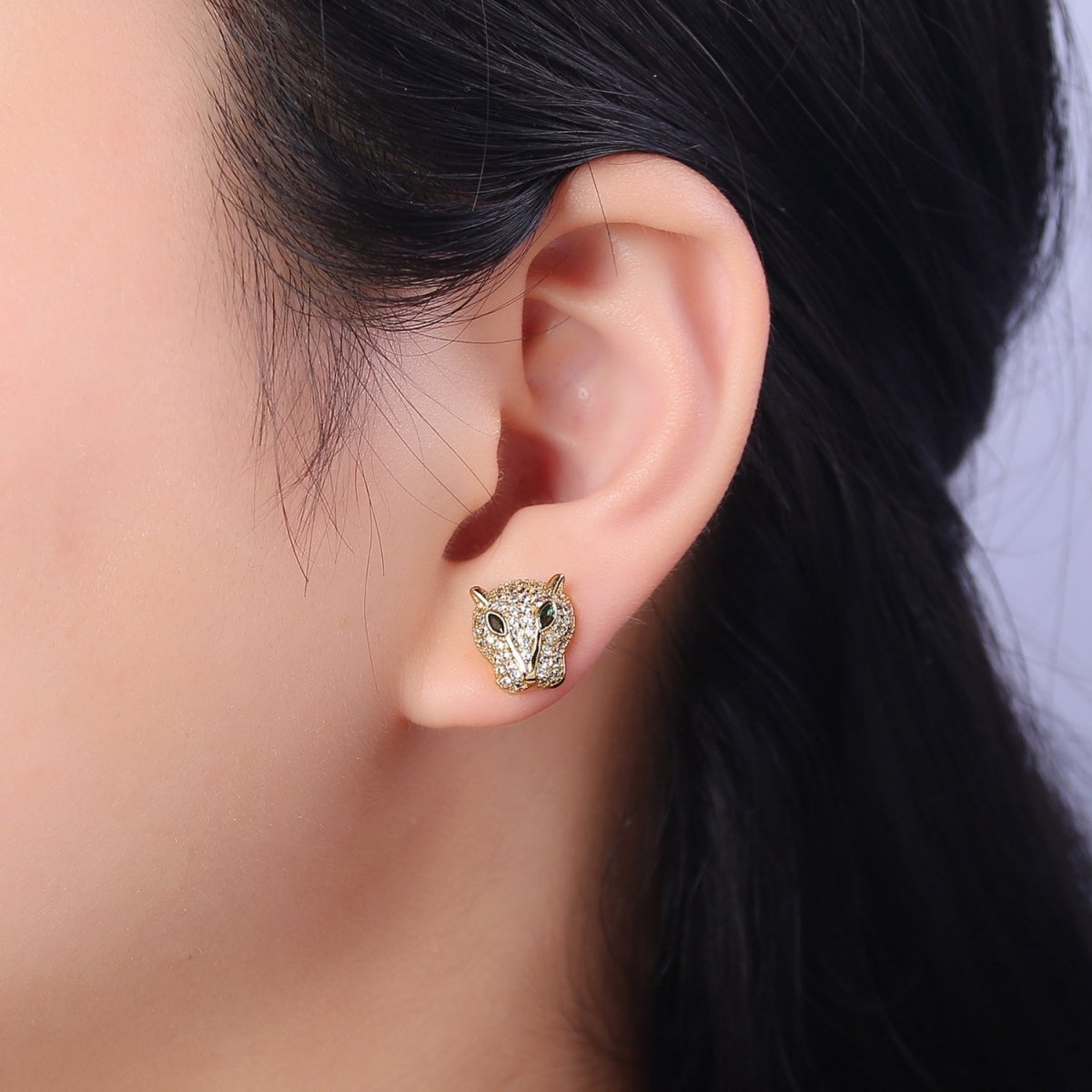 Gold Pave Crystal Leopard Head Ear Stud Earring T-415 T-416