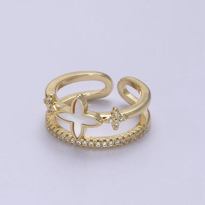 Gold Pearl Clover ring, Cubic Adjustable CZ Double Band ring, Dainty Gold minimalist jewelry Open Adjustable Ring U-481
