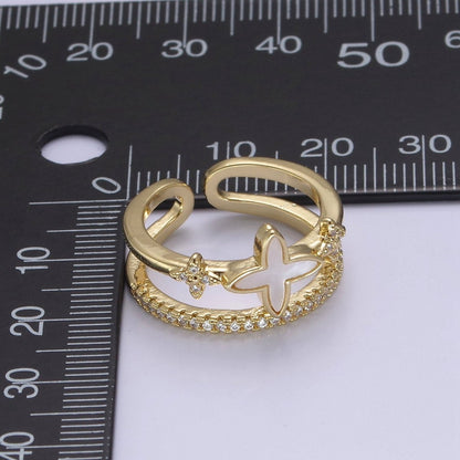 Gold Pearl Clover ring, Cubic Adjustable CZ Double Band ring, Dainty Gold minimalist jewelry Open Adjustable Ring U-481