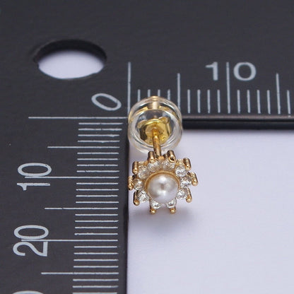 Gold Pearl Flower Stud Earrings, Celestial Sunburst Star Sun Stud Earrings Jewelry | AD-031