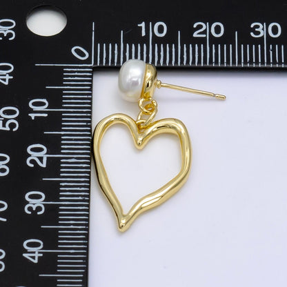 Gold Pearl Geometric Open Heart Minimalist Stud Earrings | AB-062