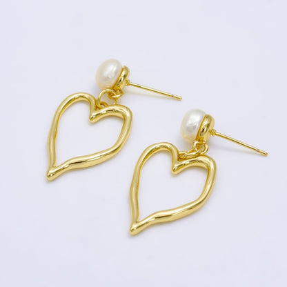 Gold Pearl Geometric Open Heart Minimalist Stud Earrings | AB-062