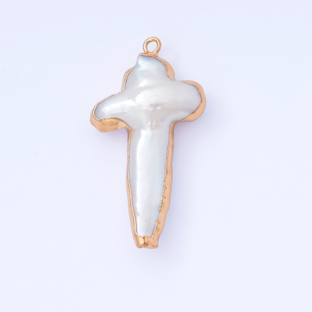 Gold Plated 31mm Baroque White Freshwater Pearl Religious Christian Cross Drop Charm | AF572